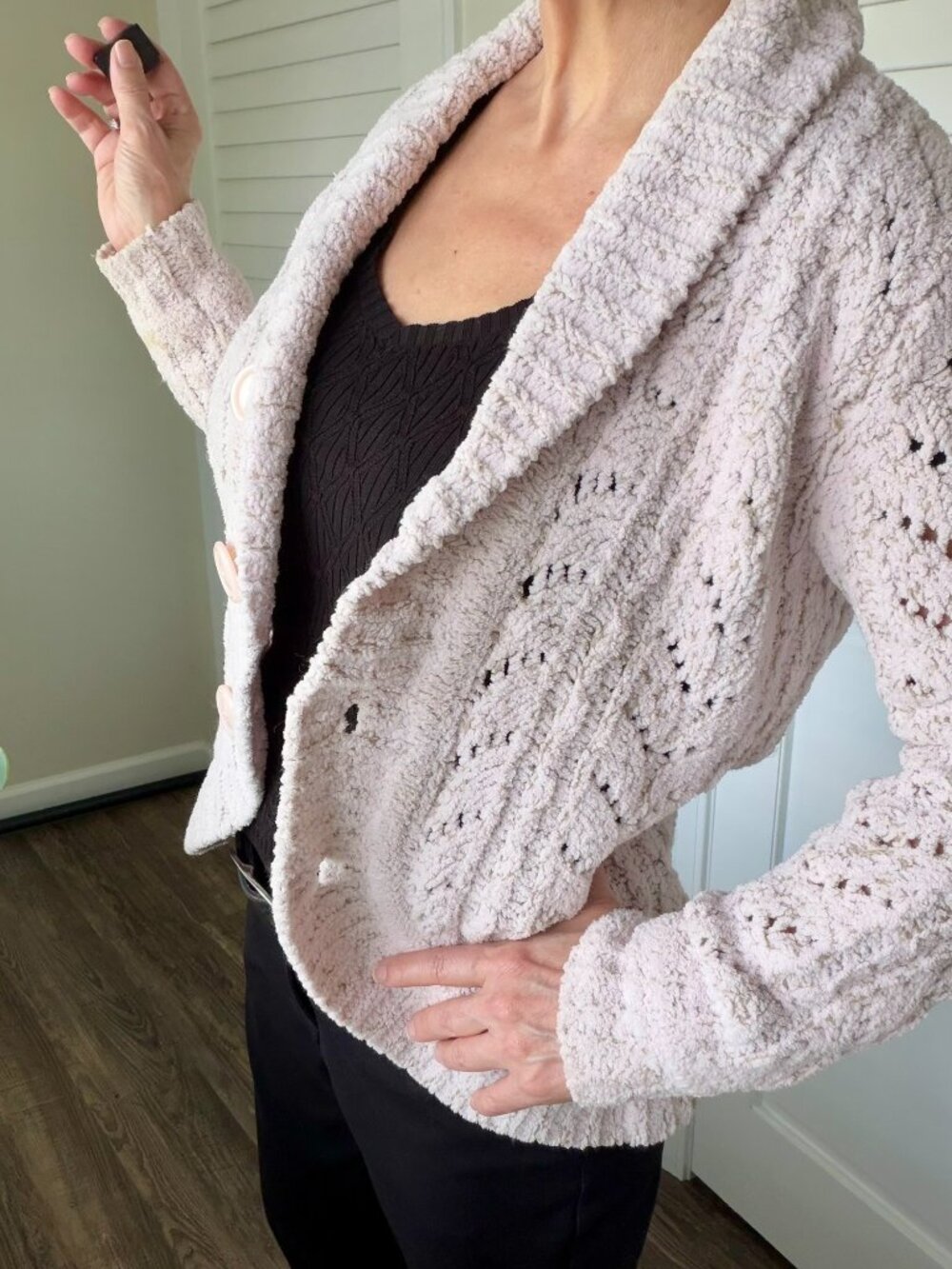 Segrid Olsen Soft Lilac Knit Sweater XS – Statement Buttons & Shawl Collar